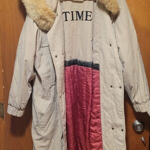 Vintage TIME Women's Tan Mid Length Parka Trench Coat with Fur Collar RARE